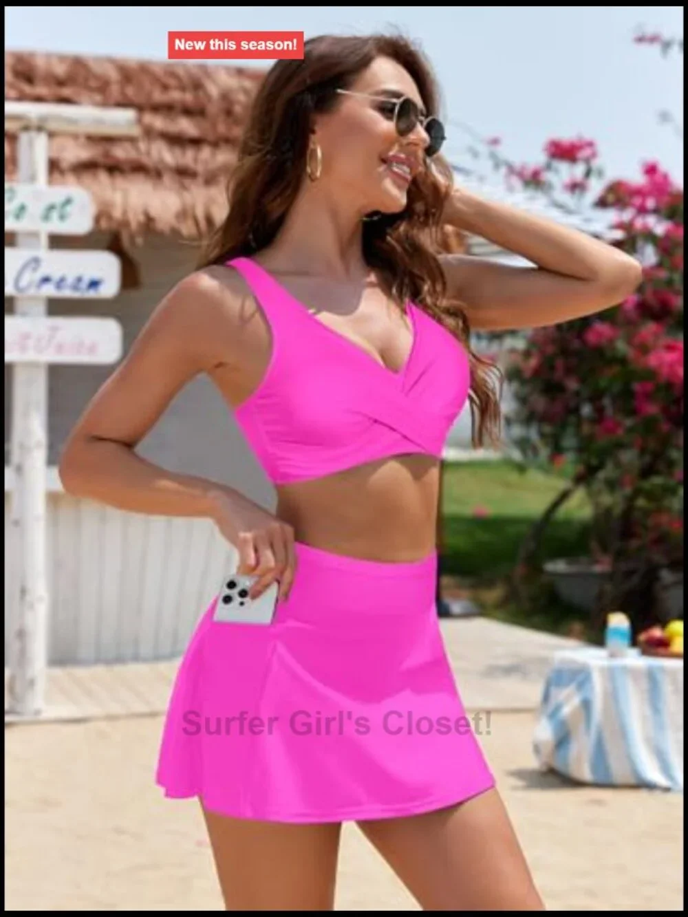 High Waisted Skirted Bikini Set with Pockets Twist Front V-Neck